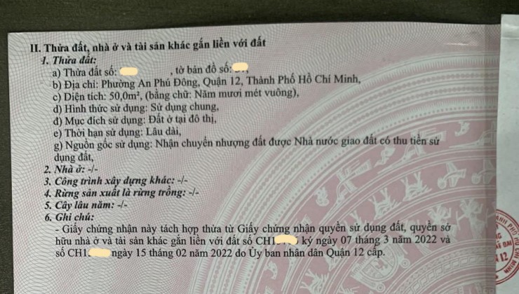 Bán đất Võ Thị Thừa Phường An Phú Đông Q. 12, Đ. 6m, giá chỉ 3.x tỷ